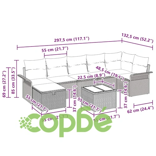 Градински диван комплект 8 части сив полиратан 297.5 x 132.5 x 85 см ➤ топ цена ➤ sorbe.bg