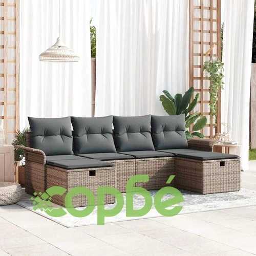 Градински комплект от 6 части с възглавници сив полиратан 251x117x85 см ➤ топ цена ➤ sorbe.bg