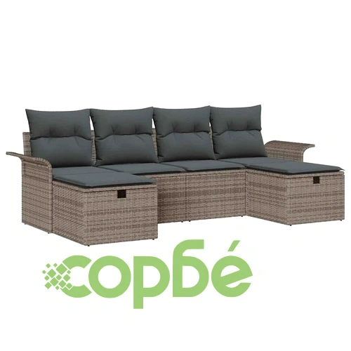 Градински комплект от 6 части с възглавници сив полиратан 251x117x85 см ➤ топ цена ➤ sorbe.bg