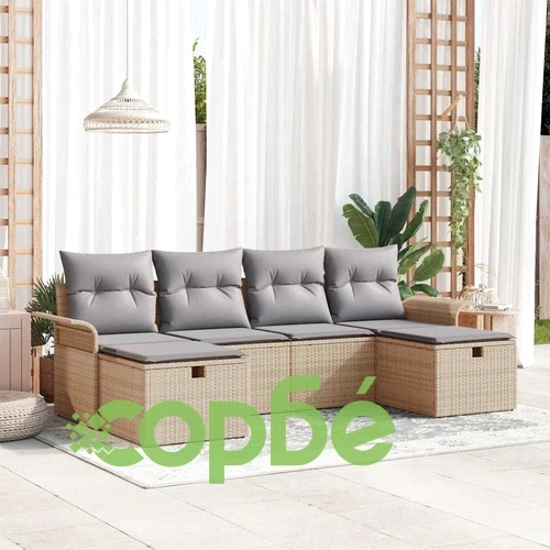 Градински комплект мебели 6 части с възглавници от полиратан бежово и светлосиво ➤ топ цена ➤ sorbe.bg