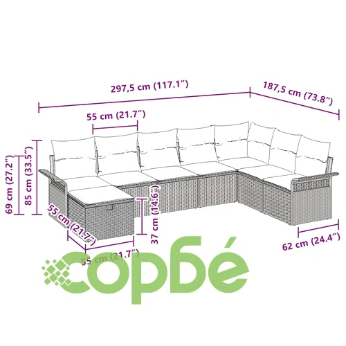 Градински диван комплект 8 части полиратан сив 297.5 x 187.5 x 85 см ➤ топ цена ➤ sorbe.bg