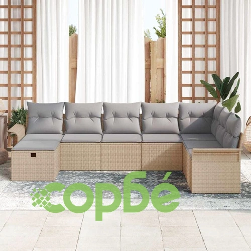 Градински комплект от 8 части с възглавници от полиратан бежов и светлосив ➤ топ цена ➤ sorbe.bg