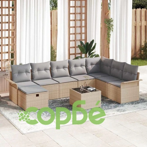 9-елементен градински комплект софа с възглавници от полиратан бежово и светлосиво 297x187x85 см ➤ топ цена ➤ sorbe.bg
