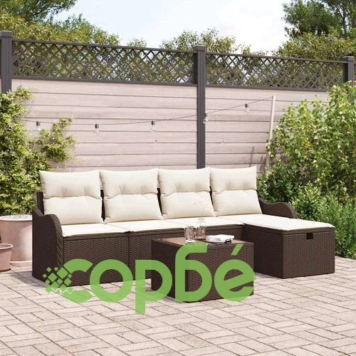 Градински комплект мебели от полиратан 6 части с възглавници кафяв и кремав ➤ топ цена ➤ sorbe.bg