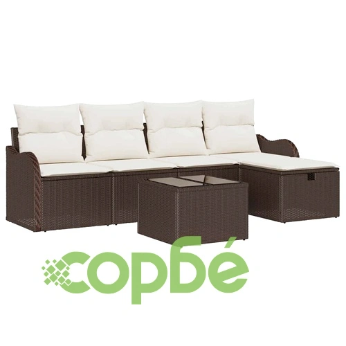 Градински комплект мебели от полиратан 6 части с възглавници кафяв и кремав ➤ топ цена ➤ sorbe.bg