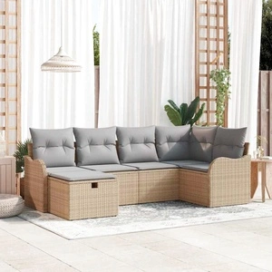 Градински комплект мебели 6 части с възглавници от полиратан бежово и светлосиво