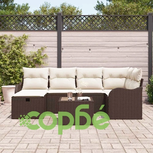 Градински комплект мебели от полиратан 7 части с възглавници кафяв и кремав ➤ топ цена ➤ sorbe.bg