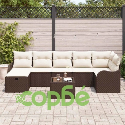 8-елементен градински ратанов комплект с възглавници кафяв и кремав 287x122x85 см ➤ топ цена ➤ sorbe.bg
