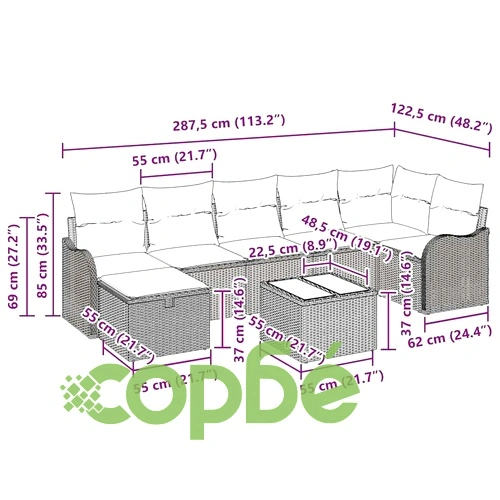 Градински комплект мебели 8 части полиратан сив 287.5 x 122.5 x 85 см ➤ топ цена ➤ sorbe.bg