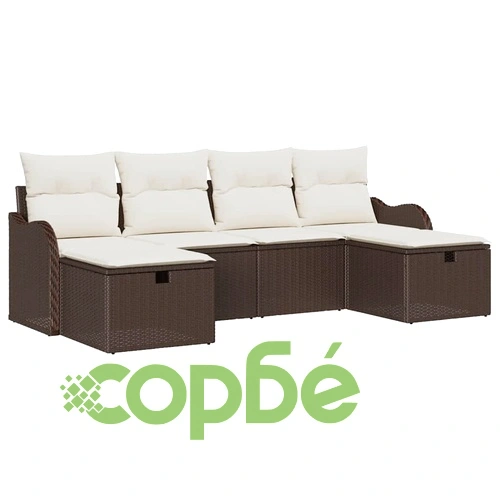 Градински комплект от 6 части с възглавници от полиратан кафяво и кремаво ➤ топ цена ➤ sorbe.bg