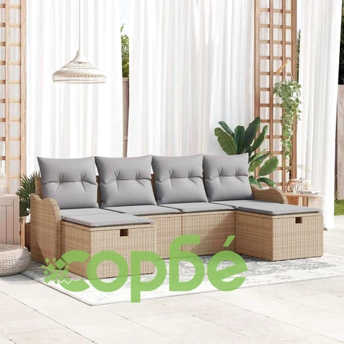 Градински комплект софа от полиратан 6 части с възглавници бежово и светлосиво 231x117x85 см ➤ топ цена ➤ sorbe.bg