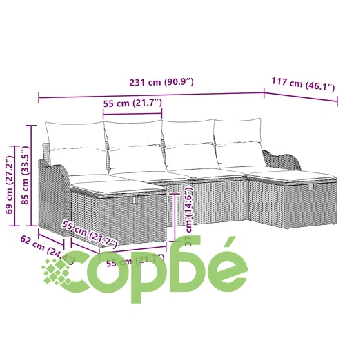 Градински комплект софа от полиратан 6 части с възглавници бежово и светлосиво 231x117x85 см ➤ топ цена ➤ sorbe.bg