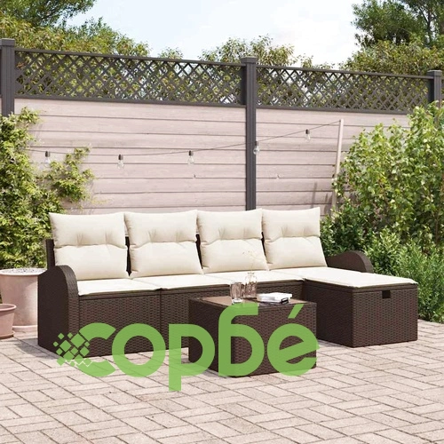 Градински комплект мебели от полиратан 6 части с възглавници кафяв и крем ➤ топ цена ➤ sorbe.bg
