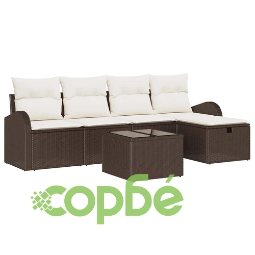 Градински комплект мебели от полиратан 6 части с възглавници кафяв и крем ➤ топ цена ➤ sorbe.bg