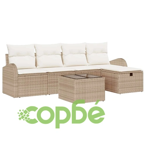 6-частен градински диван комплект с възглавници от полиратан бежово и кремаво 234x117x85 см ➤ топ цена ➤ sorbe.bg