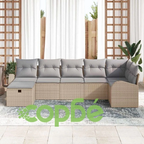 7-части градински диван комплект от полиратан с възглавници бежово и светлосиво 289x124x85 см ➤ топ цена ➤ sorbe.bg