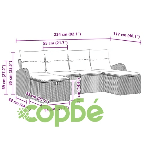 Градински комплект мебели 6 части полиратан сив 234x117x85 см с възглавници ➤ топ цена ➤ sorbe.bg