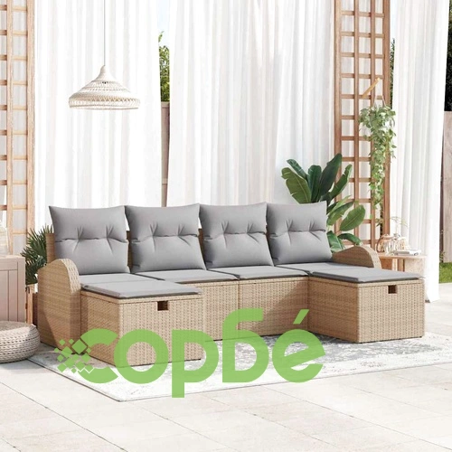 6-елементен градински комплект диван с възглавници от полиратан бежов и светлосив ➤ топ цена ➤ sorbe.bg