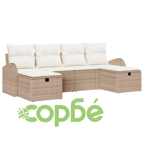 Градински комплект мебели от полиратан 6 части с възглавници бежов и кремав 234x117x85 см ➤ топ цена ➤ sorbe.bg