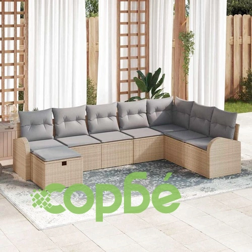 8-елементен градински софа комплект с възглавници от полиратан бежов и светлосив ➤ топ цена ➤ sorbe.bg