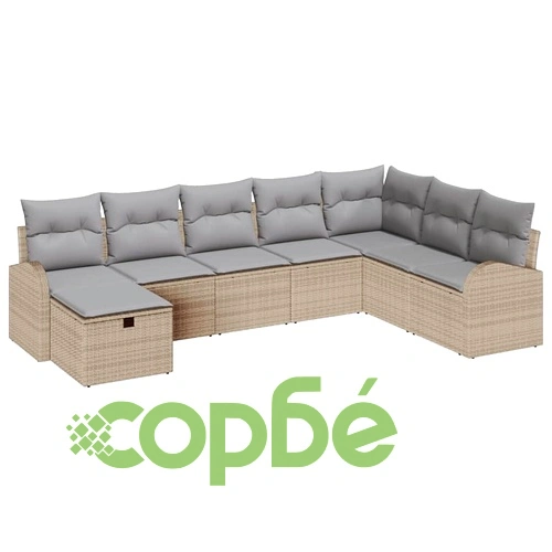 8-елементен градински софа комплект с възглавници от полиратан бежов и светлосив ➤ топ цена ➤ sorbe.bg