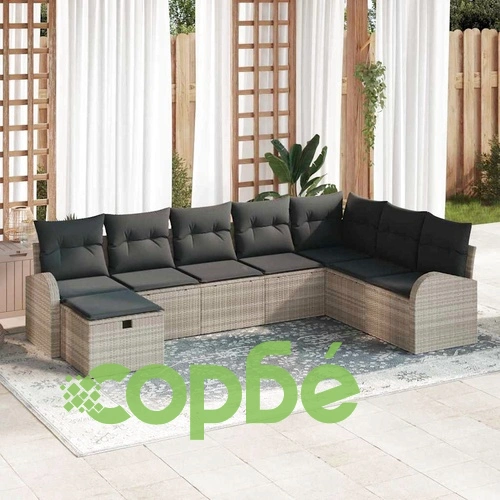 Градински комплект от 8 части полиратан светлосив 289x179x85 см с възглавници ➤ топ цена ➤ sorbe.bg