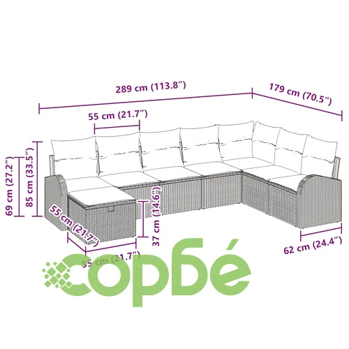 Градински комплект от 8 части полиратан светлосив 289x179x85 см с възглавници ➤ топ цена ➤ sorbe.bg