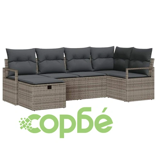 Градински комплект диван 6 части сив 232x122x85 см полиратан с възглавници ➤ топ цена ➤ sorbe.bg