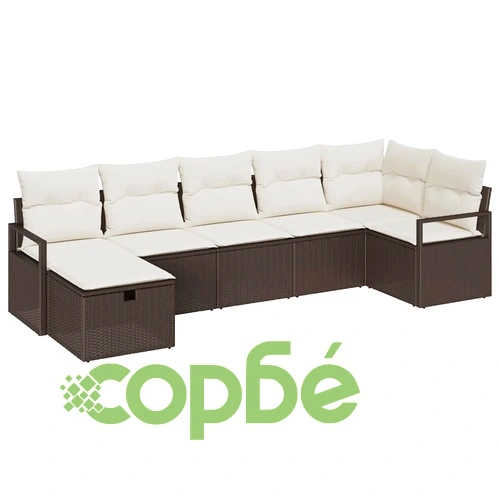 Градински комплект мебели 7 части с възглавници кафяв полиратан 287x122x85 см ➤ топ цена ➤ sorbe.bg