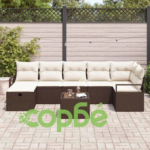Градински комплект мебели 8 части с възглавници от полиратан кафяво и кремаво ➤ топ цена ➤ sorbe.bg