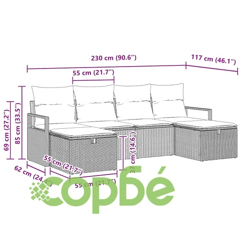 Градински диван комплект 6 части сив полиратан 230x117x85 см с възглавници ➤ топ цена ➤ sorbe.bg