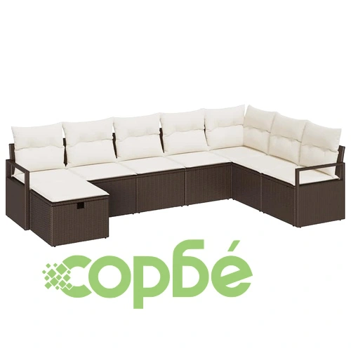 Градински комплект софа 8 части с възглавници полиратан кафяво и кремаво ➤ топ цена ➤ sorbe.bg