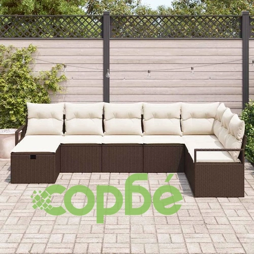 Градински комплект софа 8 части с възглавници полиратан кафяво и кремаво ➤ топ цена ➤ sorbe.bg