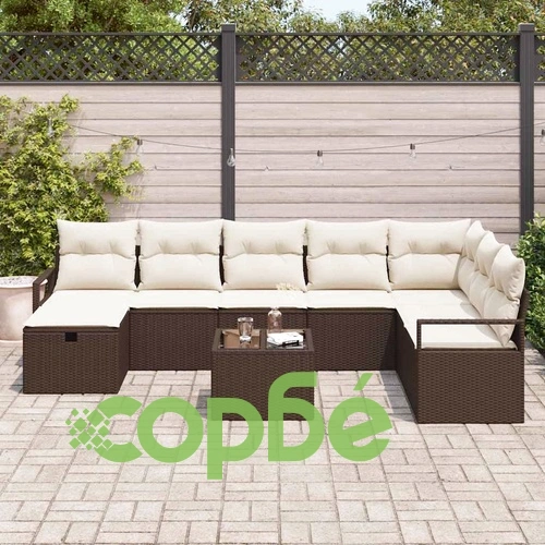 9-елементен градински ратанов комплект с възглавници кафяв и кремав ➤ топ цена ➤ sorbe.bg