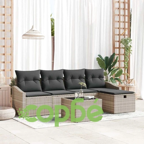 Градински комплект диван 6 части с възглавници светлосиво полиратан ➤ топ цена ➤ sorbe.bg