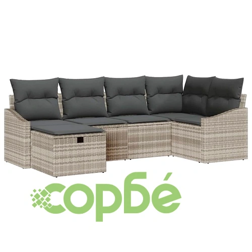 Градински комплект мебели 6 части с възглавници полиратан светло сиво ➤ топ цена ➤ sorbe.bg