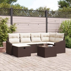 Градински комплект мебели 7 части с възглавници - полиратан кафяв и кремав