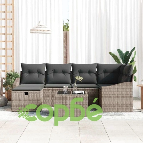 Градински диван комплект 7 части с възглавници и място за съхранение - сив полиратан ➤ топ цена ➤ sorbe.bg