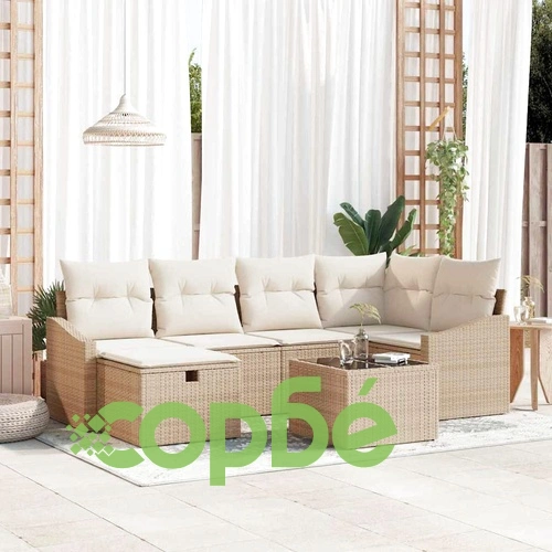 Градински комплект мебели 7 части с възглавници - полиратан бежов и кремав ➤ топ цена ➤ sorbe.bg