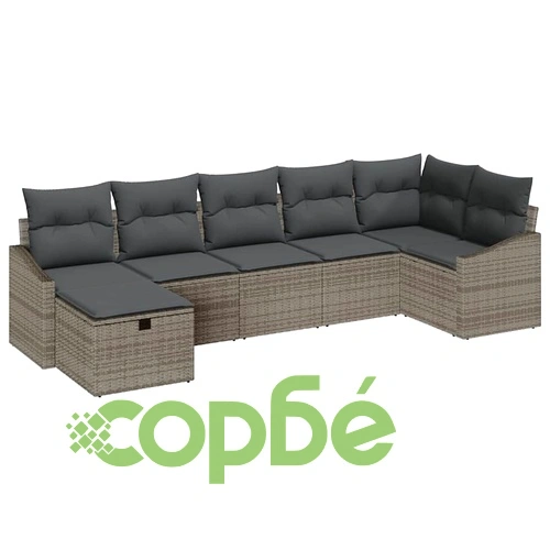 Градински комплект мебели от полиратан 7 части с възглавници сив 288x123x85 см ➤ топ цена ➤ sorbe.bg
