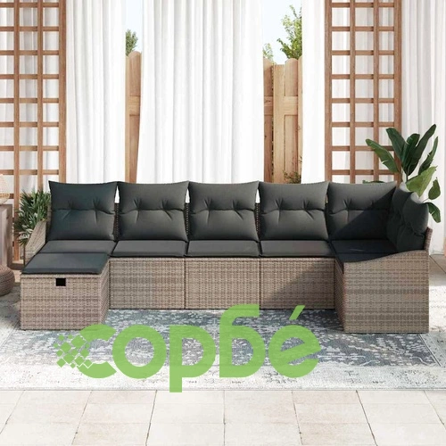 Градински комплект мебели от полиратан 7 части с възглавници сив 288x123x85 см ➤ топ цена ➤ sorbe.bg
