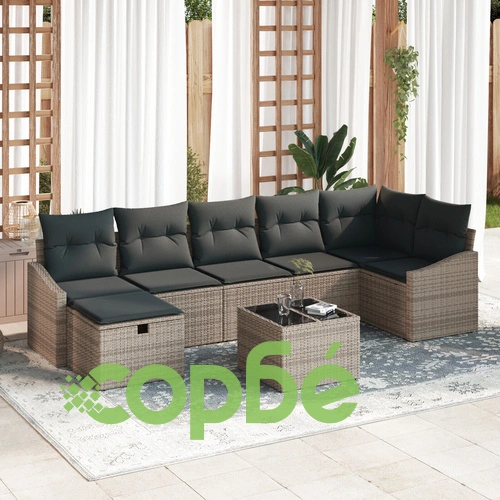 Комплект градински диван от 8 части с възглавници - сив полиратан, за 7 души ➤ топ цена ➤ sorbe.bg