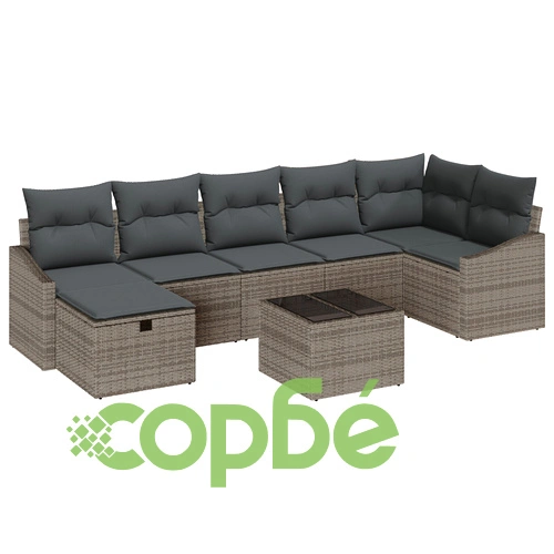 Комплект градински диван от 8 части с възглавници - сив полиратан, за 7 души ➤ топ цена ➤ sorbe.bg