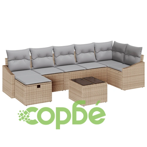 Комплект градински диван от 8 части с възглавници, бежов полиратан, за 7 души ➤ топ цена ➤ sorbe.bg