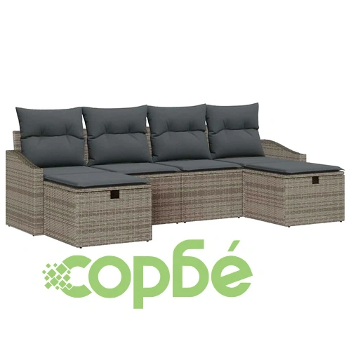 Градински диван комплект 6 части с възглавници сив полиратан 233x117x85 см ➤ топ цена ➤ sorbe.bg