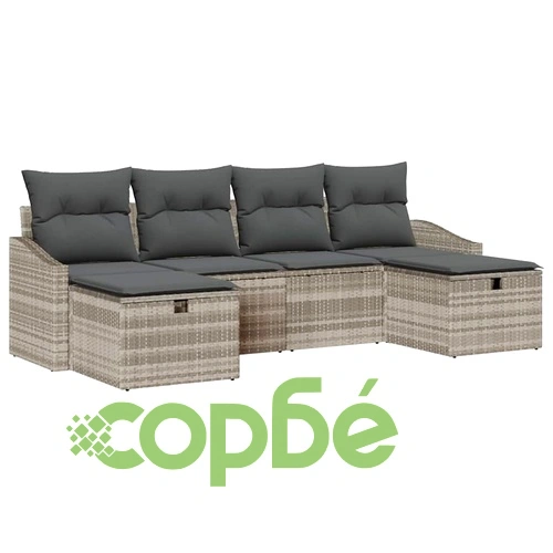 Градински диван комплект 6 части светлосив полиратан с възглавници ➤ топ цена ➤ sorbe.bg