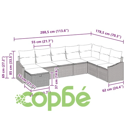 Градински комплект мебели 8 части светлосиво полиратан с възглавници ➤ топ цена ➤ sorbe.bg