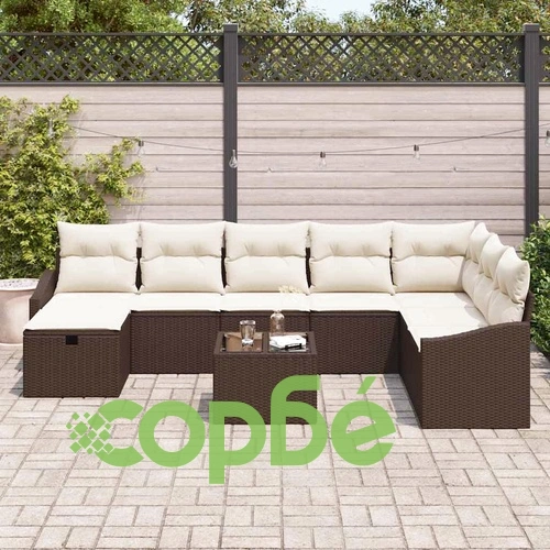 Градински комплект мебели 9 части с възглавници кафяв полиратан ➤ топ цена ➤ sorbe.bg