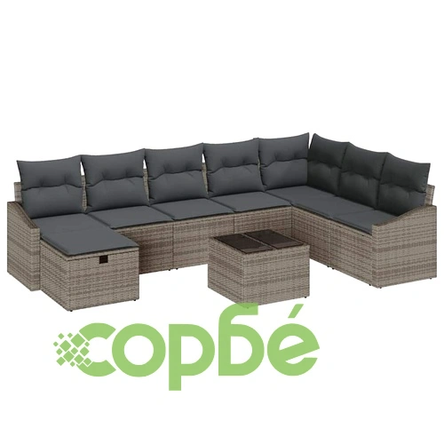 Градински комплект мебели 9 части с възглавници сив полиратан ➤ топ цена ➤ sorbe.bg