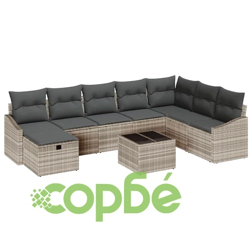 Градински комплект диван 9 части светлосиво полиратан с възглавници ➤ топ цена ➤ sorbe.bg